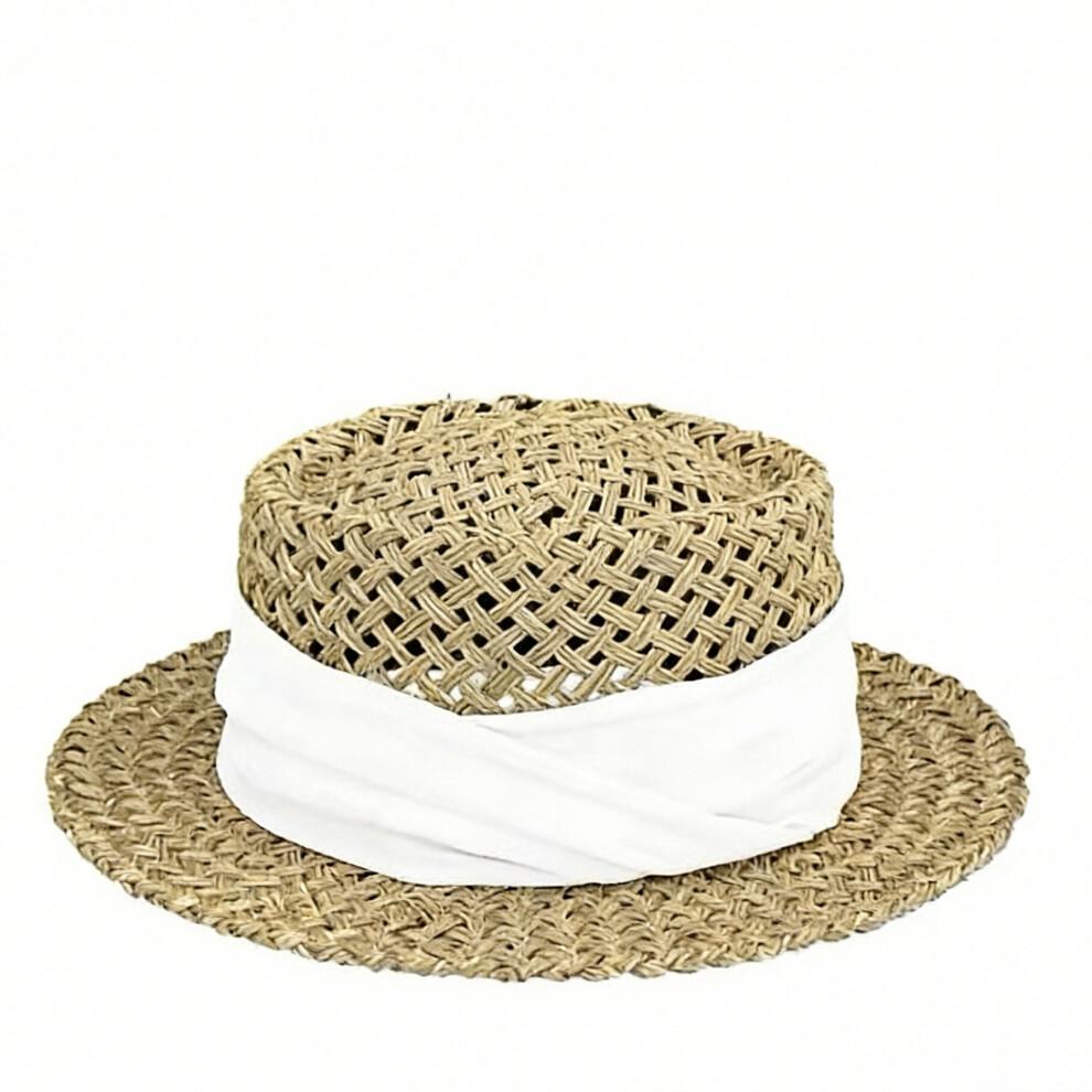 (One Size, White) Women's Classic Straw Boater Hat Flat Top Belted Woven Sun Hat for Beach Party Travel