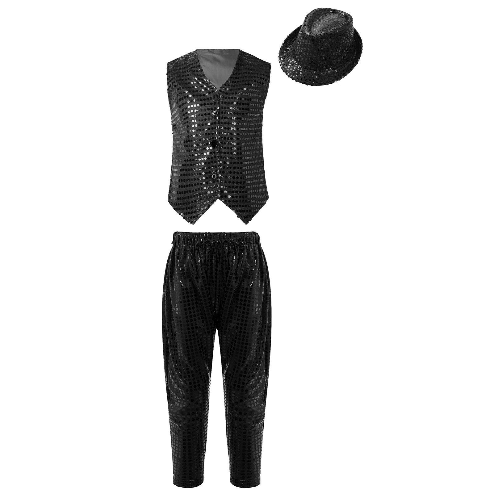 

Комплект для выступлений для мальчиков и девочек, жилет без рукавов, топ с V-образным вырезом, блестками и пуговицами, эластичные брюки на талии, соответствующая блестящая шапка 13-14 Years чёрный