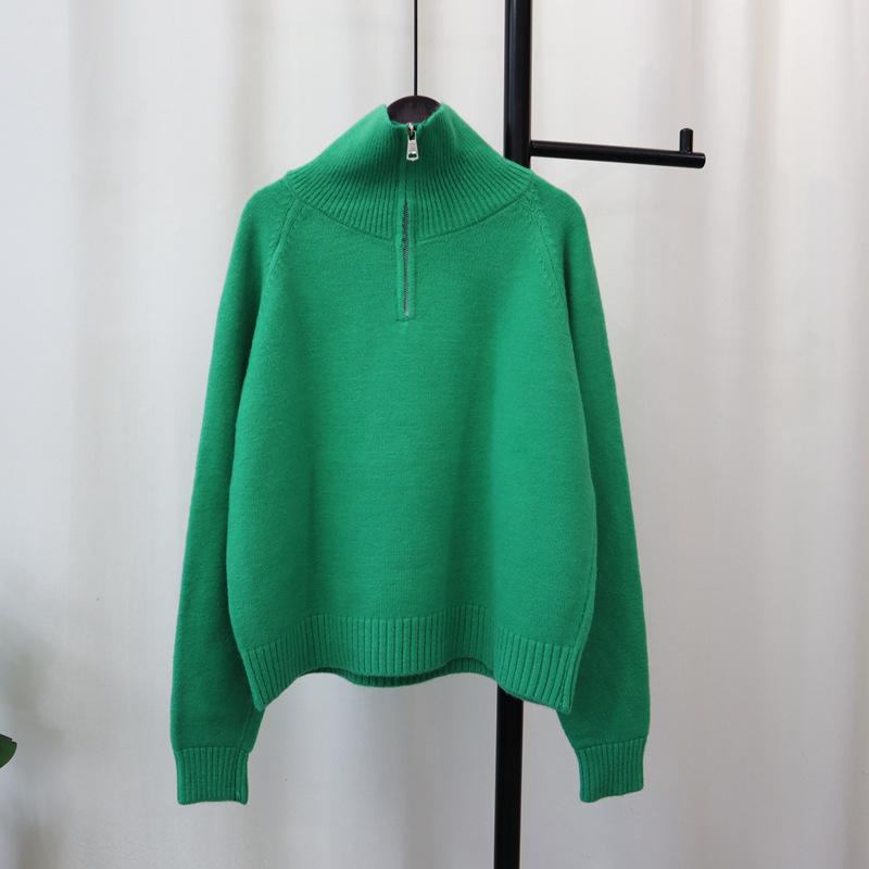 

Трикотажный свитер с полумолнией, новый осенне-зимний, однотонный, свободный и тонкий, повседневный, универсальный свитер-пуловер для женщин One Size зелёный