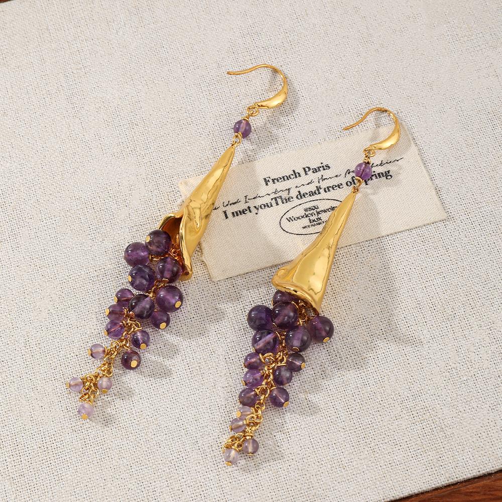 French Style Elegant Tassel Long Purple Crystal Natural Pearl Earrings Luxurious and Sophisticated Retro Jewelry