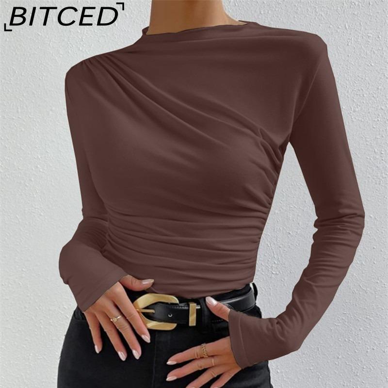BITCED Solid-colour Fitted Base Layer Top Versatile Pleated Detailing Long-sleeved T-shirt Women's Blouse