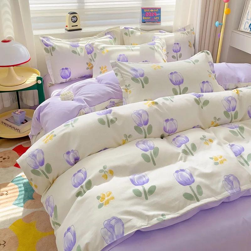 100% Cotton Bedding Set, Four Piece Sheet Set Comfort Set Girly Fresh Style Couple Bed Comforter Set