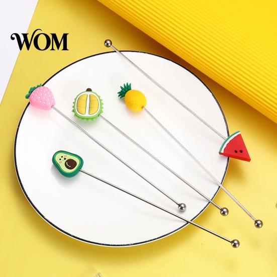 Cartoon Fruit Stirrer Cocktail Stir Stick, Stainless Steel Mixing with Durian Pineapple Strawberry Smooth Stick Watermelon Rubber Top Decor, Drink for