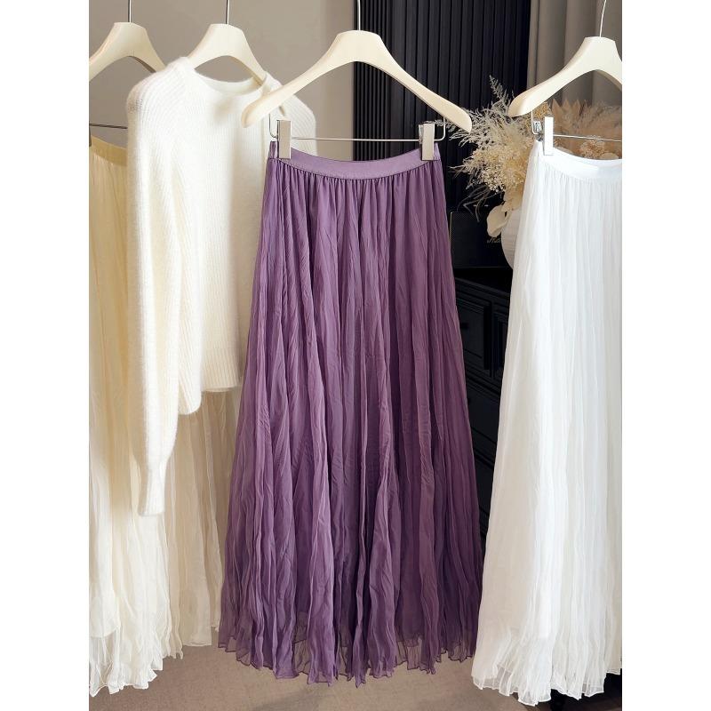 Early spring new fashion temperament versatile high sense A word pleated skirt women's drape mesh fairy skirt medium length skirt
