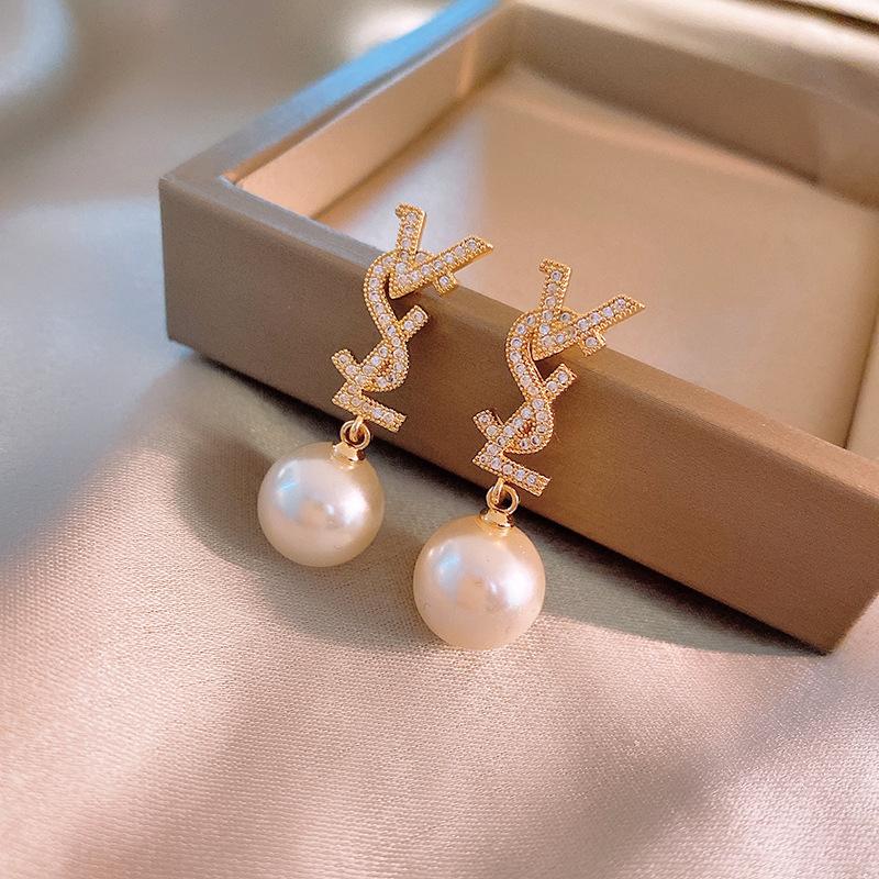 Real Gold Electroplated Zircon Letter Pearl Stud Earrings French Retro Earrings Women