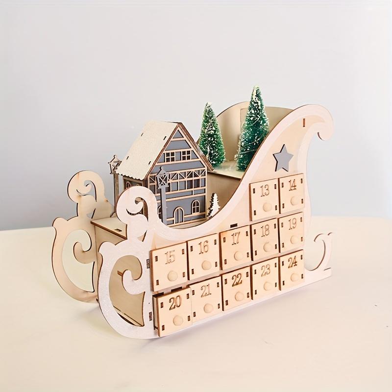 1pc Wooden LED Sleigh Advent Calendar Festive Christmas Countdown Calendar with Snowman, Battery Operated, Winter Wonderland Christmas Decorations