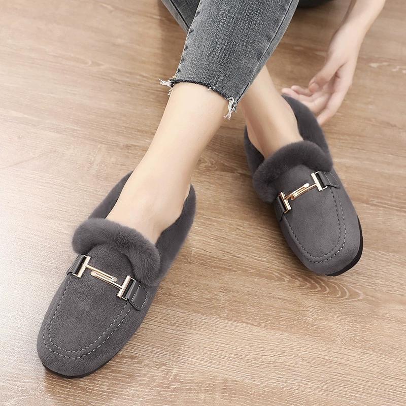 Women's Autumn Winter Warm Cloth Shoes Large Size Embroidered Cotton Shoes Soft Bottom Plush Anti-skid Cotton Boots Slip-on Edamame Shoes