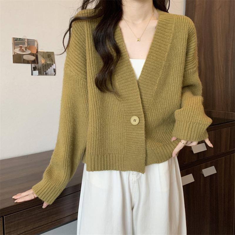 V-neck Fashion Women One Button Cardigan Short Sweater Autumn /Winter Long Sleeve Knitted Jackets Solid Color Elegant Loose Office Basic Casual Coats
