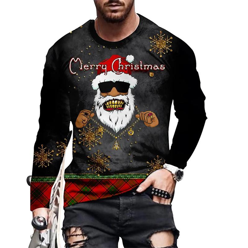 Spring and Autumn Round Neck 3D Christmas Printed Top Fashionable Casual Hip Hop Funny Long Sleeved Men's T-shirts