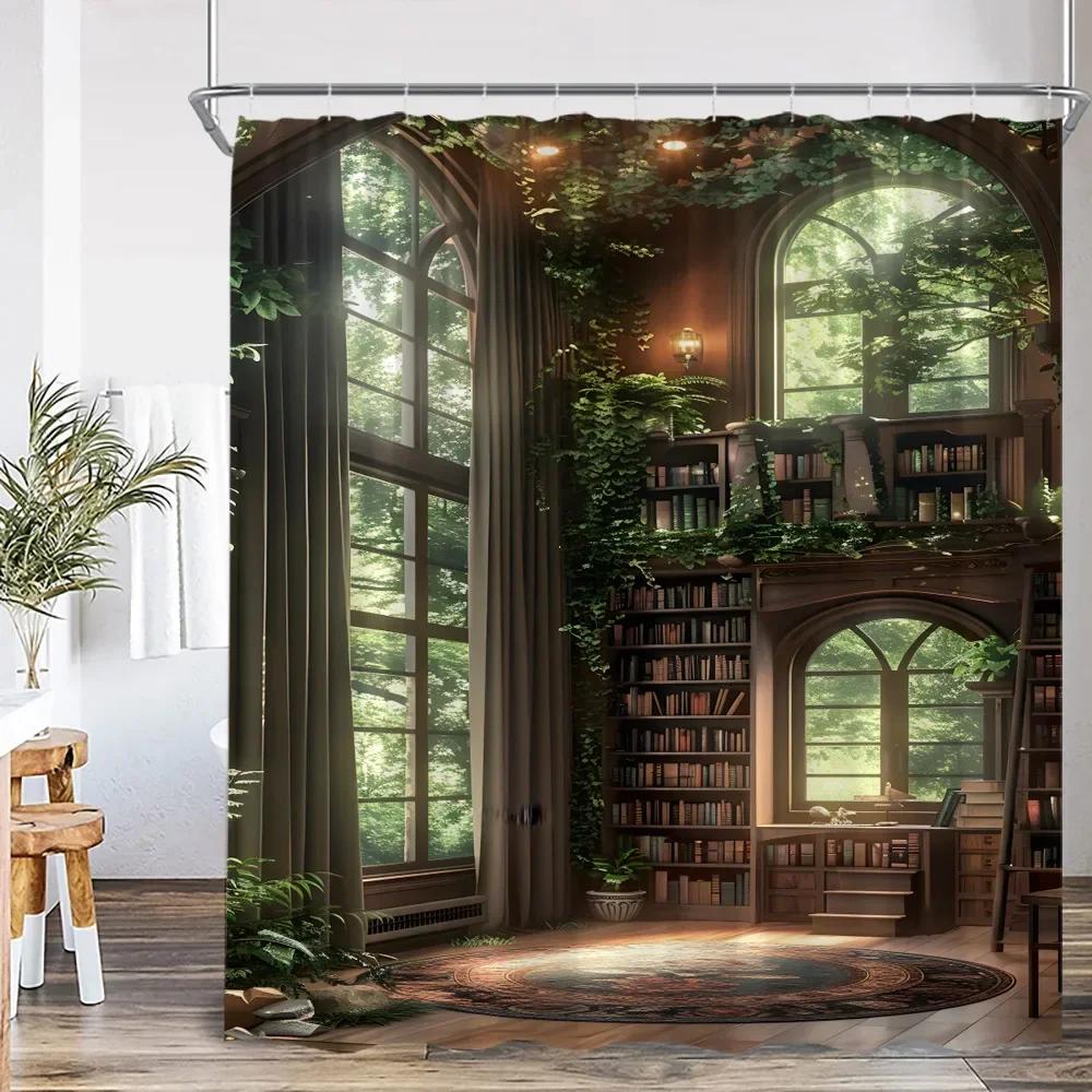 Vintage Library Shower Curtain Medieval Study Antique Castle Bath Decoration Study Theme Polyester Shower Curtain
