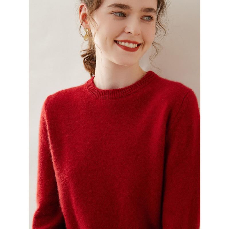 Women's Plus Size 100% Wool Thickened Round Neck Sweater - Winter Solid Color Pullover