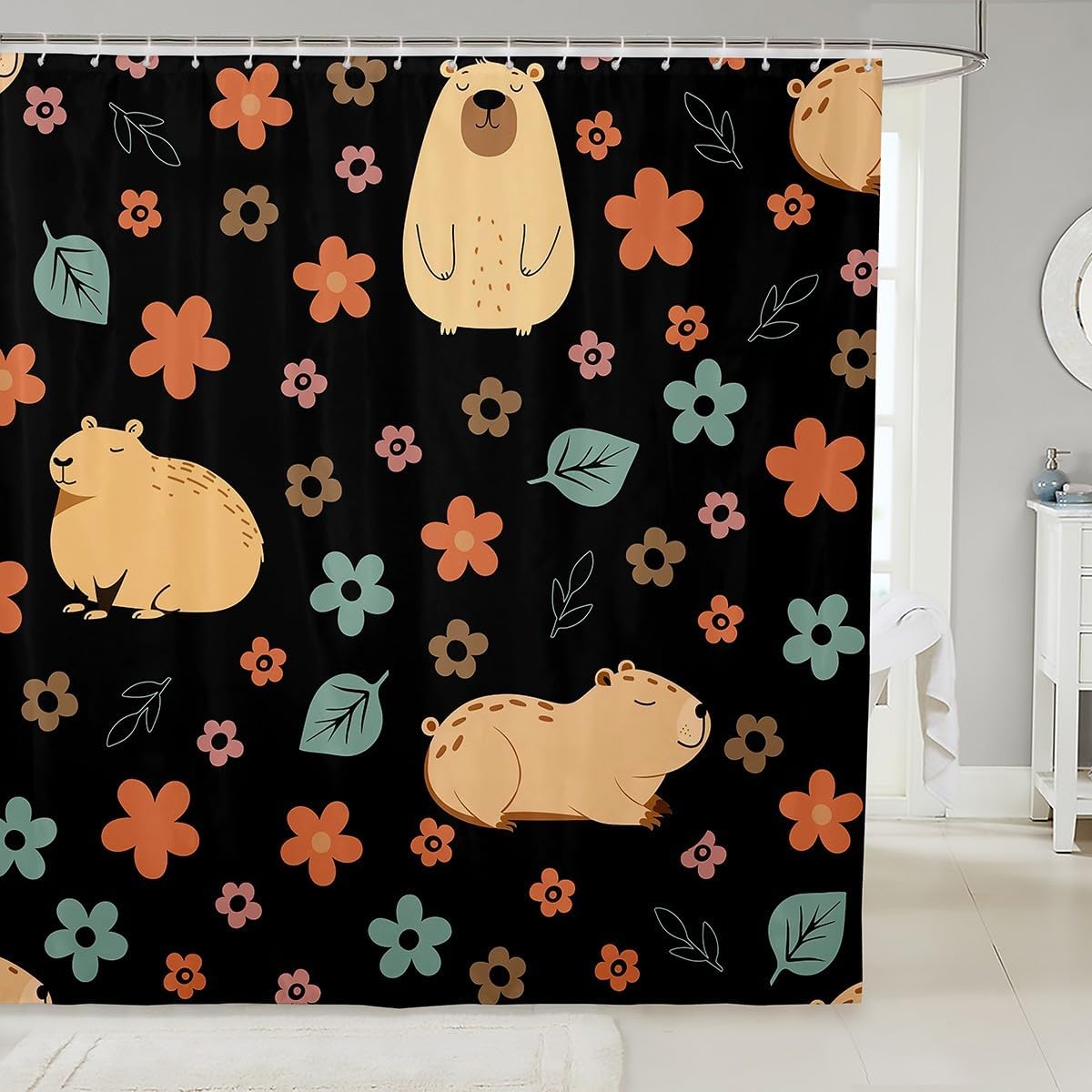 

Cute Capybara Kids Shower Curtains,Funny Rodent Animals Lovers Bathroom Curtains For Boys Girls Adults,Flowers Leaves Romantic W60H190(CM)-1 Pcs