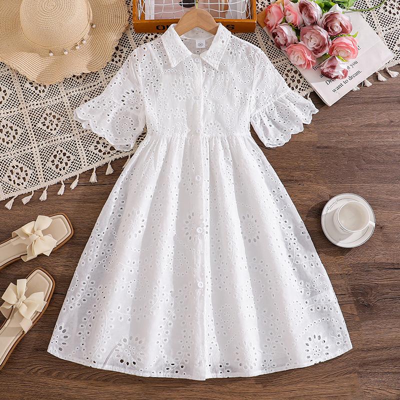

Girls Fashionable Dress - Summer Children s Elegant Embroidered Lace Open-front Short-sleeved Shirt Dress 170cm=12Y білий
