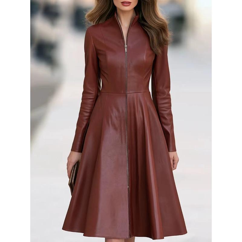 TIFICY Women's Fashion Spring Autumn Solid Color Print Long Sleeve Stand-Neck High Waist Casual Dresses