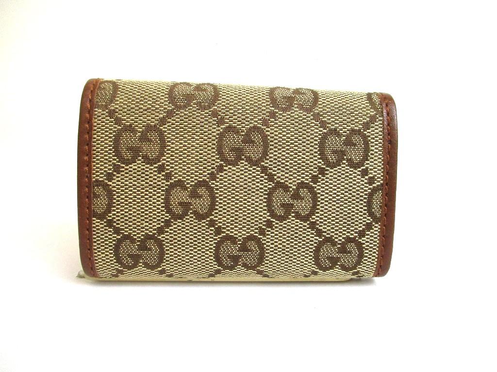 Authentic GUCCI GG Beige Canvas Brown Leather 6 Pics Key Chain #b078  Open box