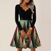 Women's Casual Fashion V-neck Long Sleeved Retro Christmas Print Retro Dress