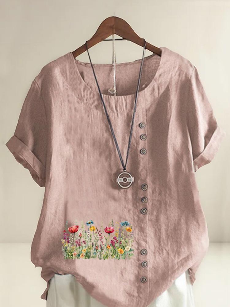 Women's Fashion Flower Bed Print Round Neck Short Sleeve T-shirt Casual Cotton Linen Graphic Shirt Leisure Loose Summer Blouse Tops