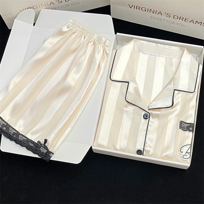 Sweet Girl Spring Summer Lace Cardigan Short Sleeve Shorts Pajamas Two-Piece Loungewear