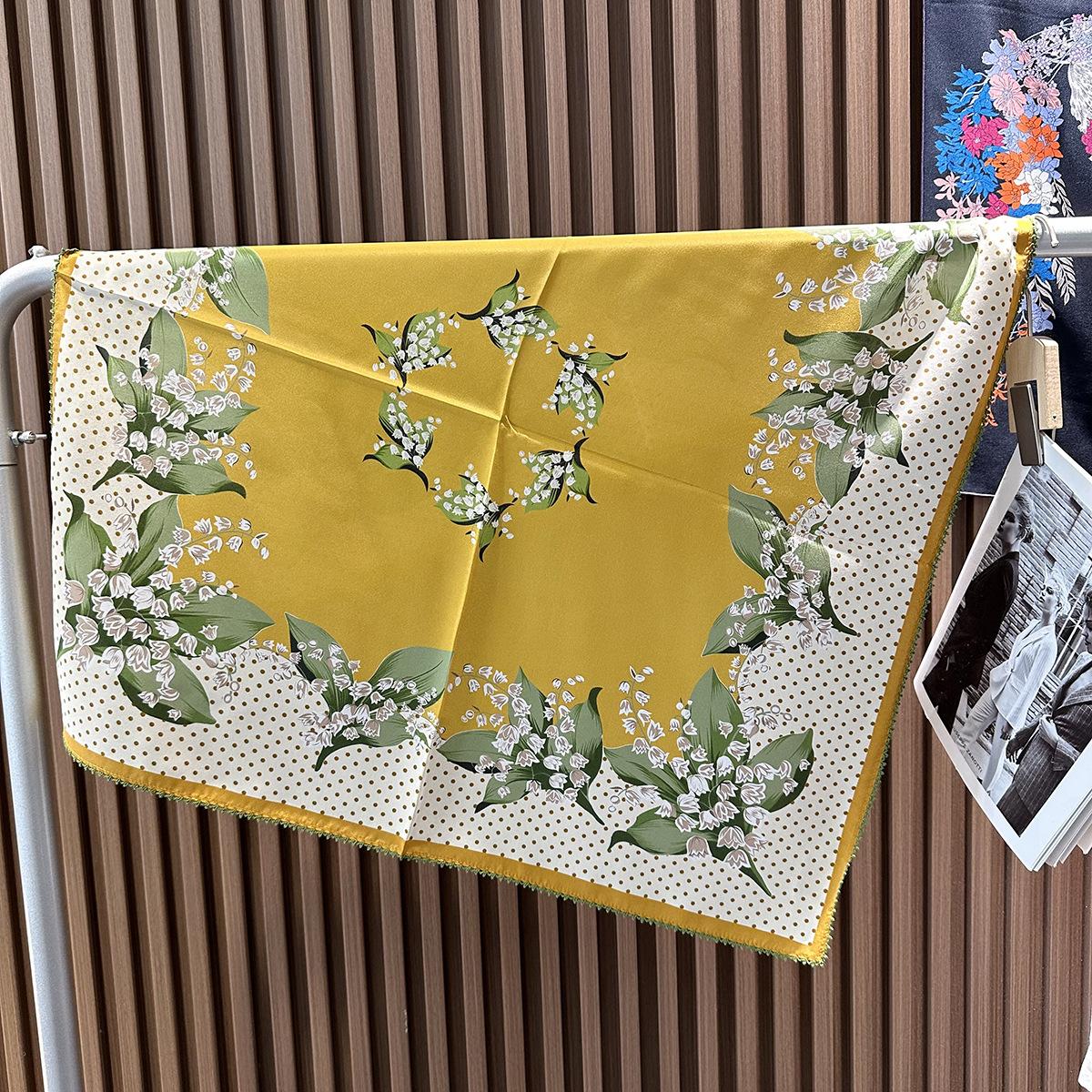 Silk double crepe 70 square scarf yellow flower picture summer thin sunscreen shawl women s exquisite lace mulberry silk scarf 65*65cm