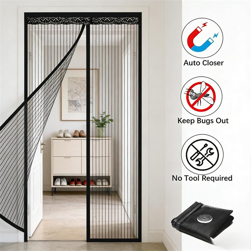 Magnetic Screen Door Mesh Curtain Mosquito Net Bug Hands Free Partition Mute Striped Door Curtain Bedroom Ventilation