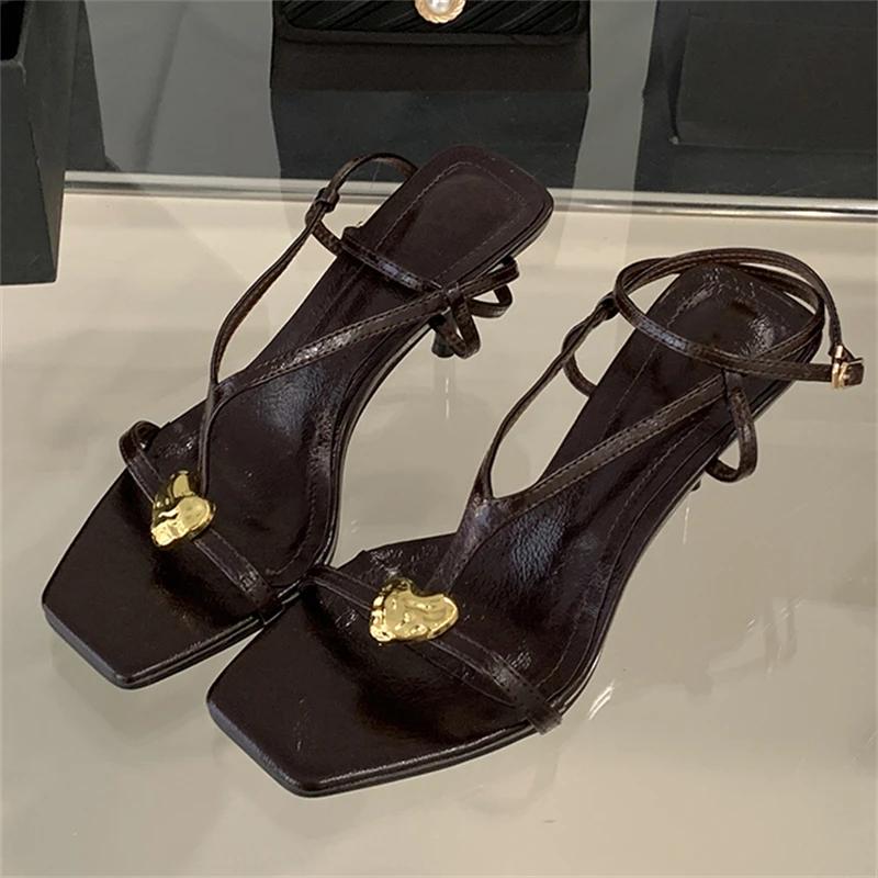 Fashion Women Sandals Summer Metal Buckle Narrow Band High Heel Sandals Shoes for Women Band Open Toe Thin Gladiator Party Shoes Zapatos