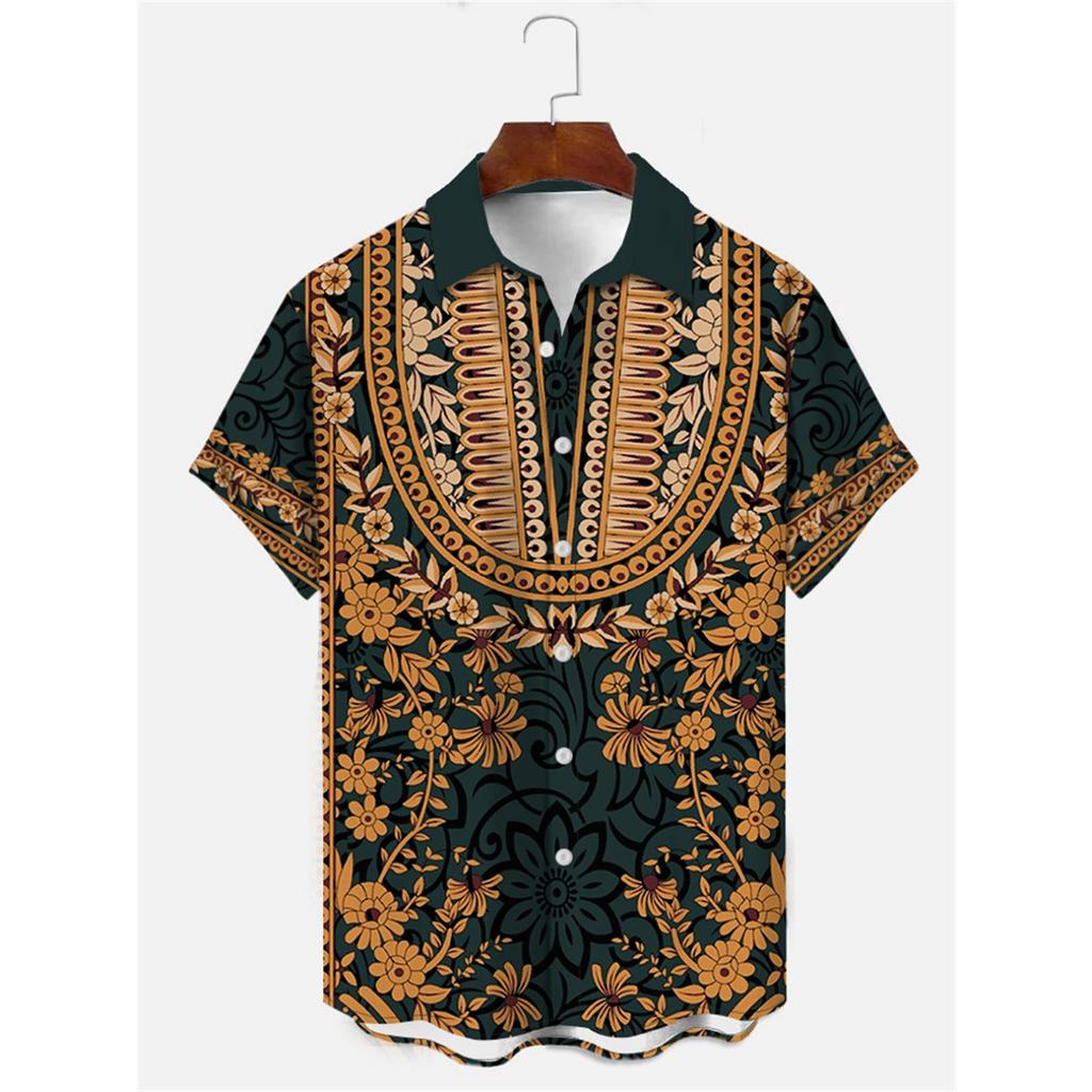 Men's Shirt Art Pattern Print Casual Shirt Short Sleeve Oversized Top Summer Vintage Flower Pattern Beach Y2k Fashion Clothing