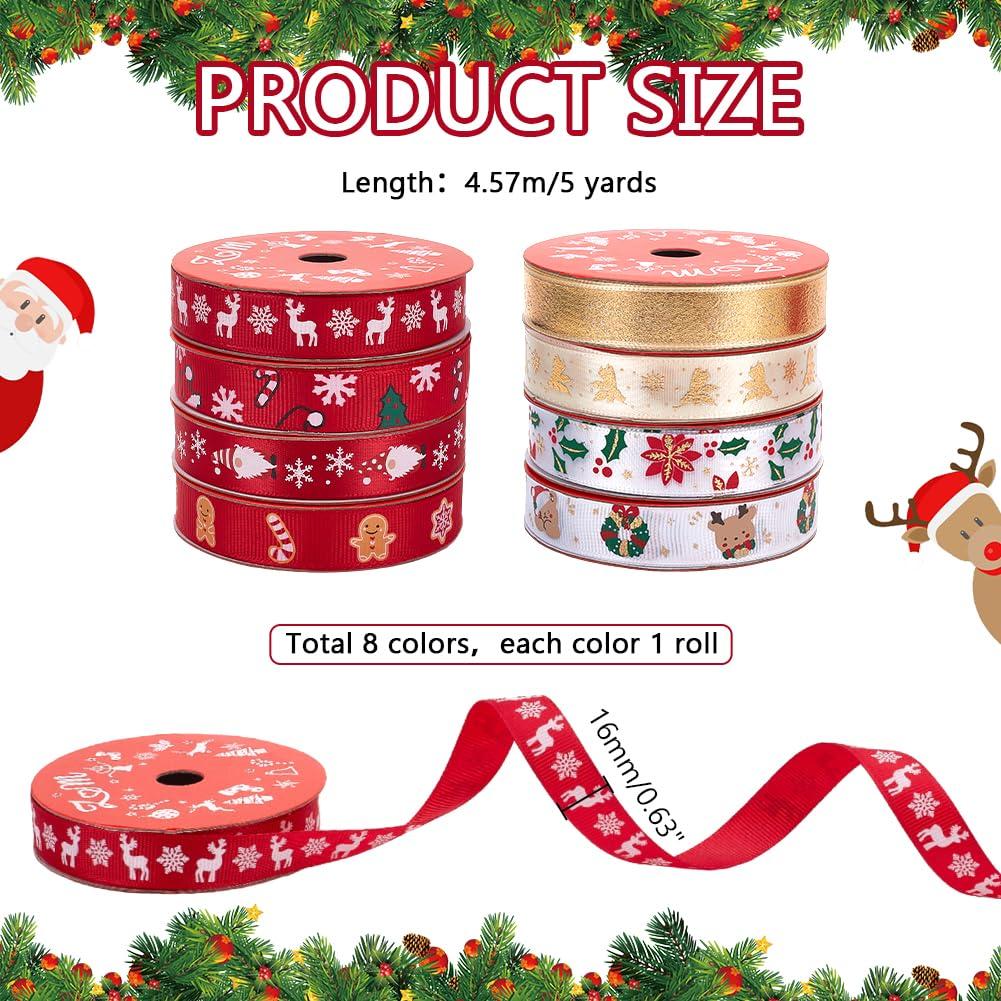 

PH PandaHall 8 Styles Christmas Grosgrain Fabric Ribbon, 40 Yards x 5/8 Inch, Red & Gold with Snowflake for Gift Wrapping, Crafts, Hair Bows, Xmas