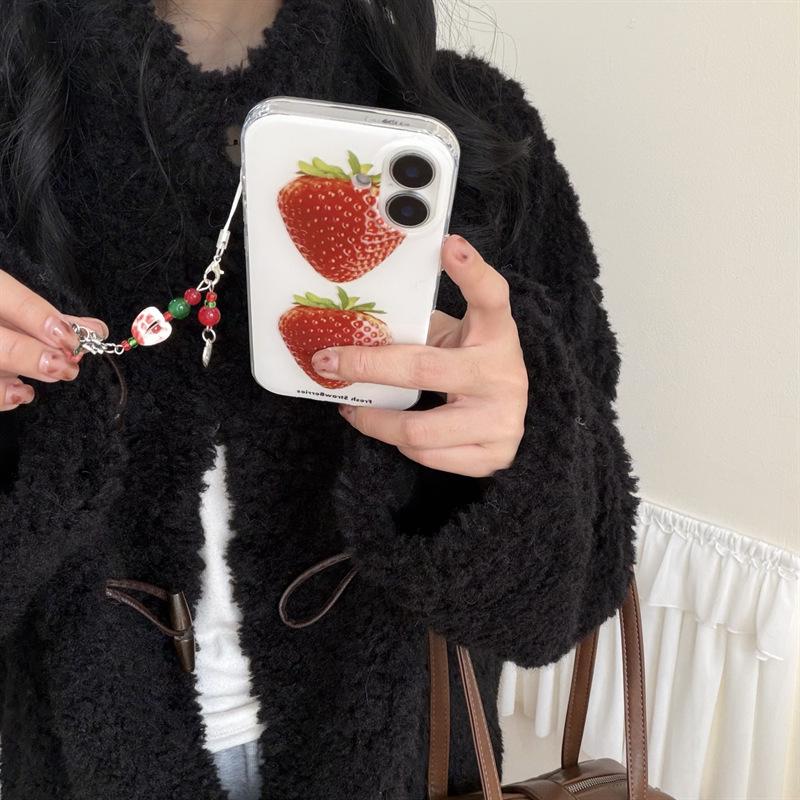 Ins Style Simple White Background Strawberry Phone Case for iPhone 17, 16 Pro Max, 15, 14 with Girlish Heart Design