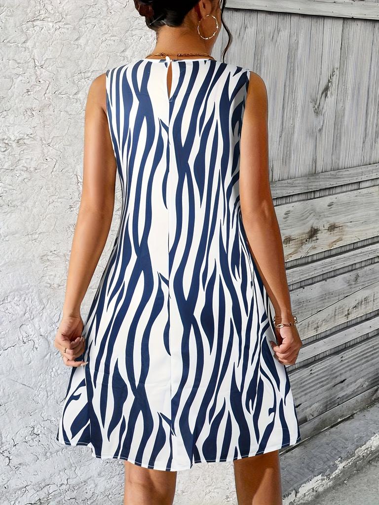 Women's Navy Blue Zebra Print Sleeveless Shift Dress Round Neck Loose Fit Casual Summer Mini Dress