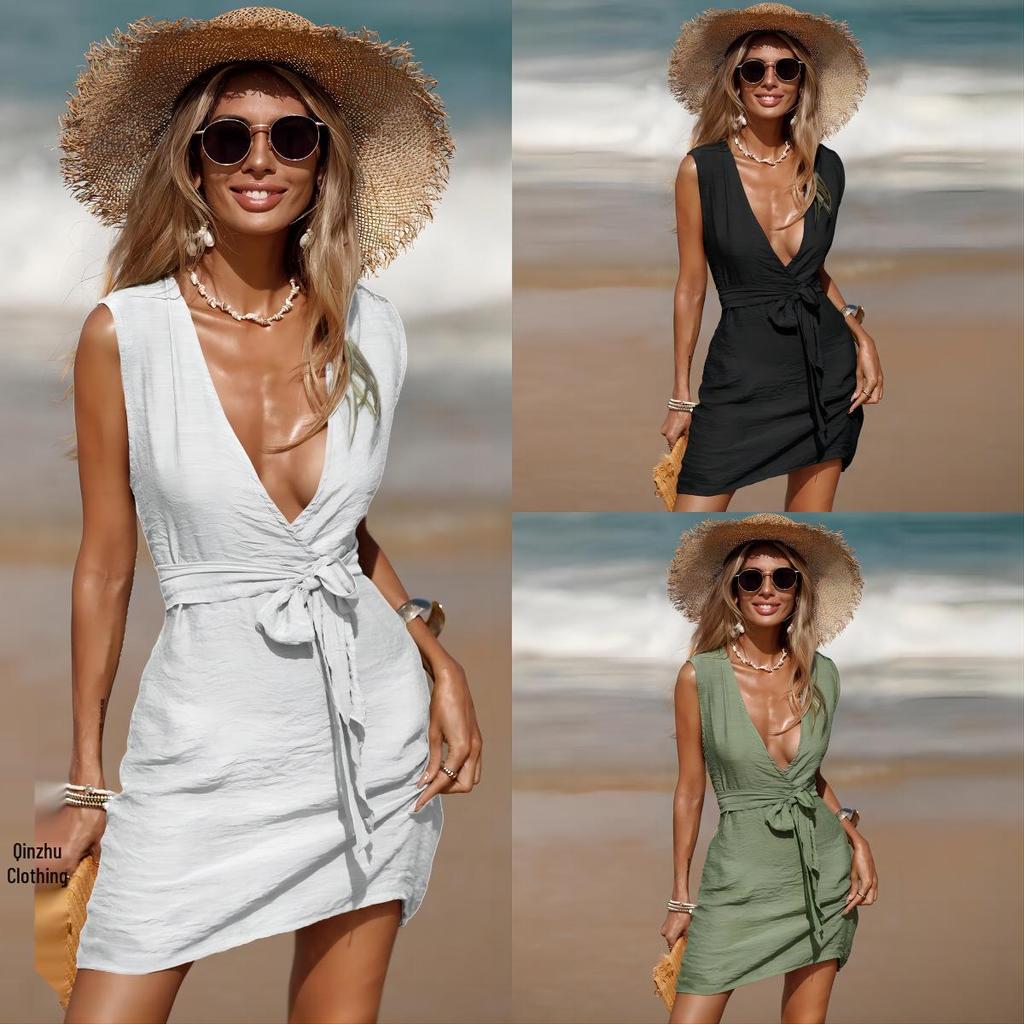 European-American Sleeveless Beach Cover-Up: Durable & Sexy Mini Skirt Dress