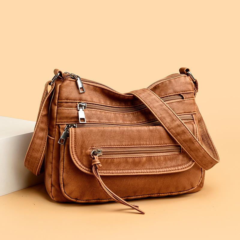 Large Capacity Shoulder Bag Women's Multi-Layer Lightweight Soft Leather Crossbody Bag