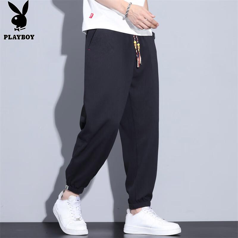 PLAYBOY Freizeithosen für Herren, Sommerhosen, Eis-Seide-Leinen Dünner Stil, Locker sitzende Sport-Jogginghosen mit elastischen Bündchen, Trendige verkürzte Hosen