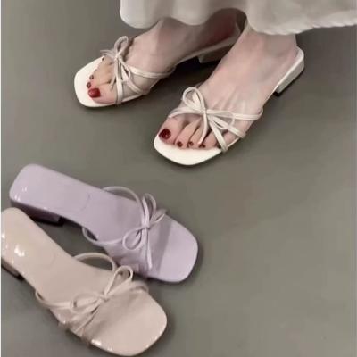 Korean Version of Thick-heeled Sandals for Women's Summer Wear, Bow-tie Thin Strap Open-toed Low-heeled Temperament Cool Slippers for Women's 2025 Su