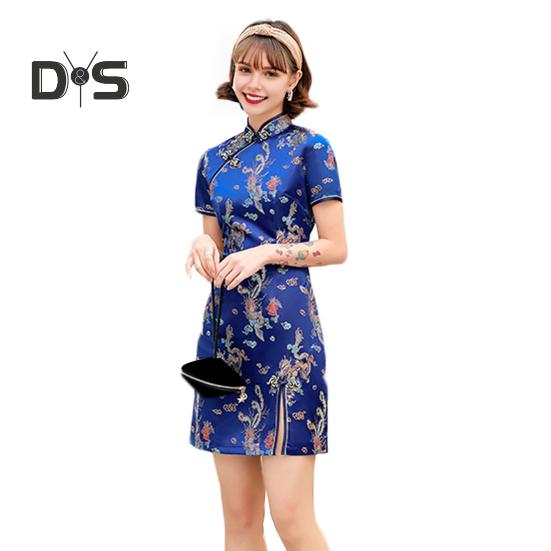 Kvinnor Sommar Cheongsam Stativ krage Dragon Phoenix Tryck Delad fåll Qipao Slim Fit Retro kinesisk stil Ovanför knälängd Bröllopsfest Cocktailklänning