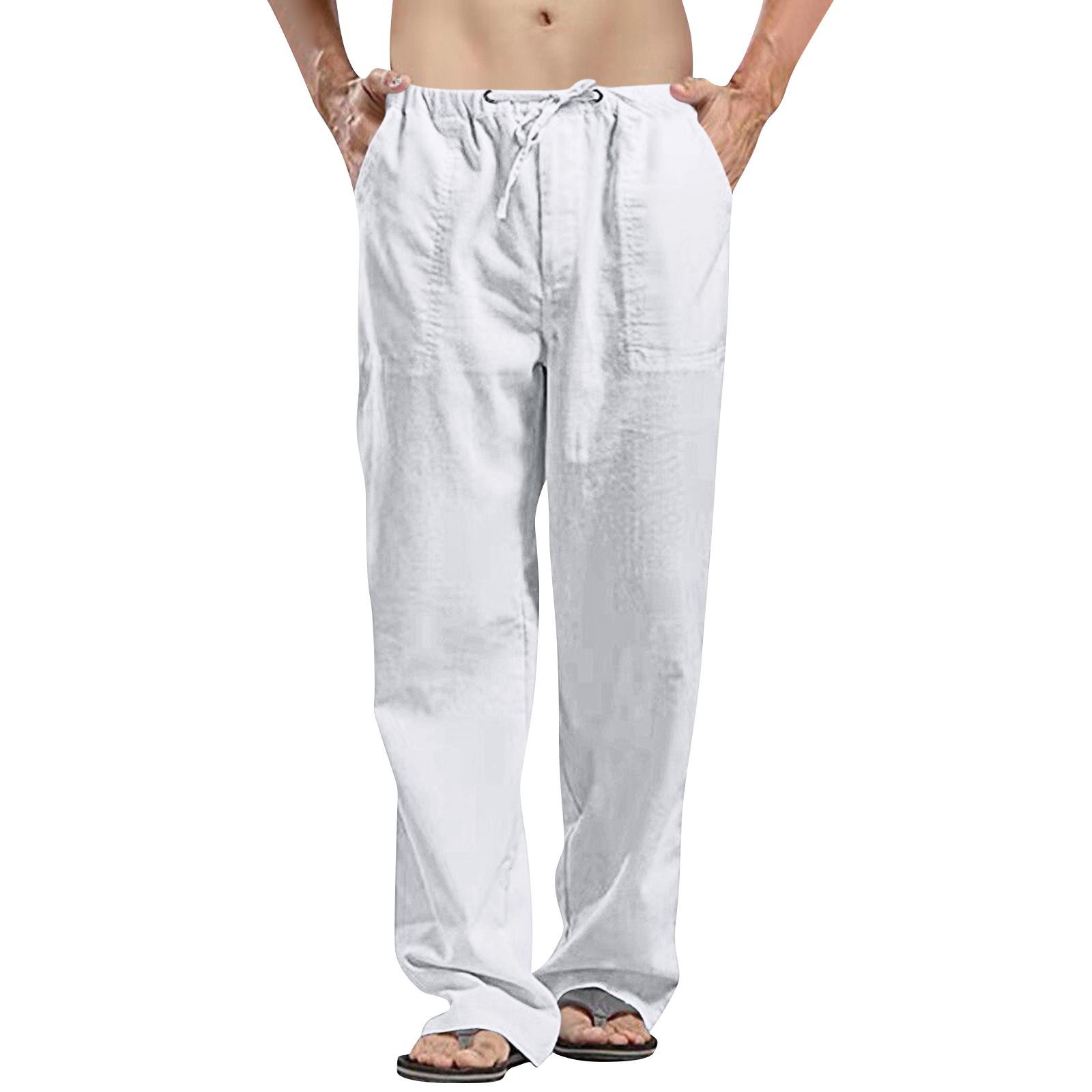 

Men Casual Loose Fit Straight Leg Drawstring Waist Lightweight Linen Lounge Beach Pants Trousers XL білий