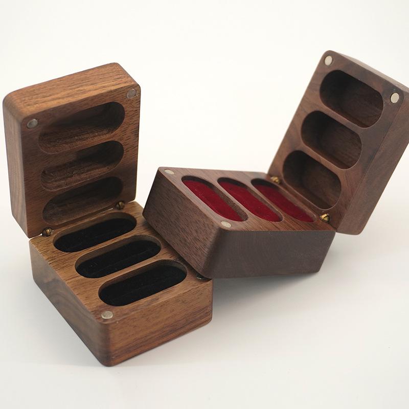 Black Walnut Wood Ring/Earring Storage Box, Three Anti-Oxidation Slots