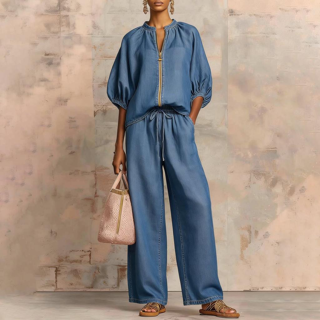 New Arrival Women's Casual Loose 2-Piece Set – Round Neck Zip-Up Top + Wide Leg Pants, Solid Color Loungewear Suit for Travel & Daily Wear