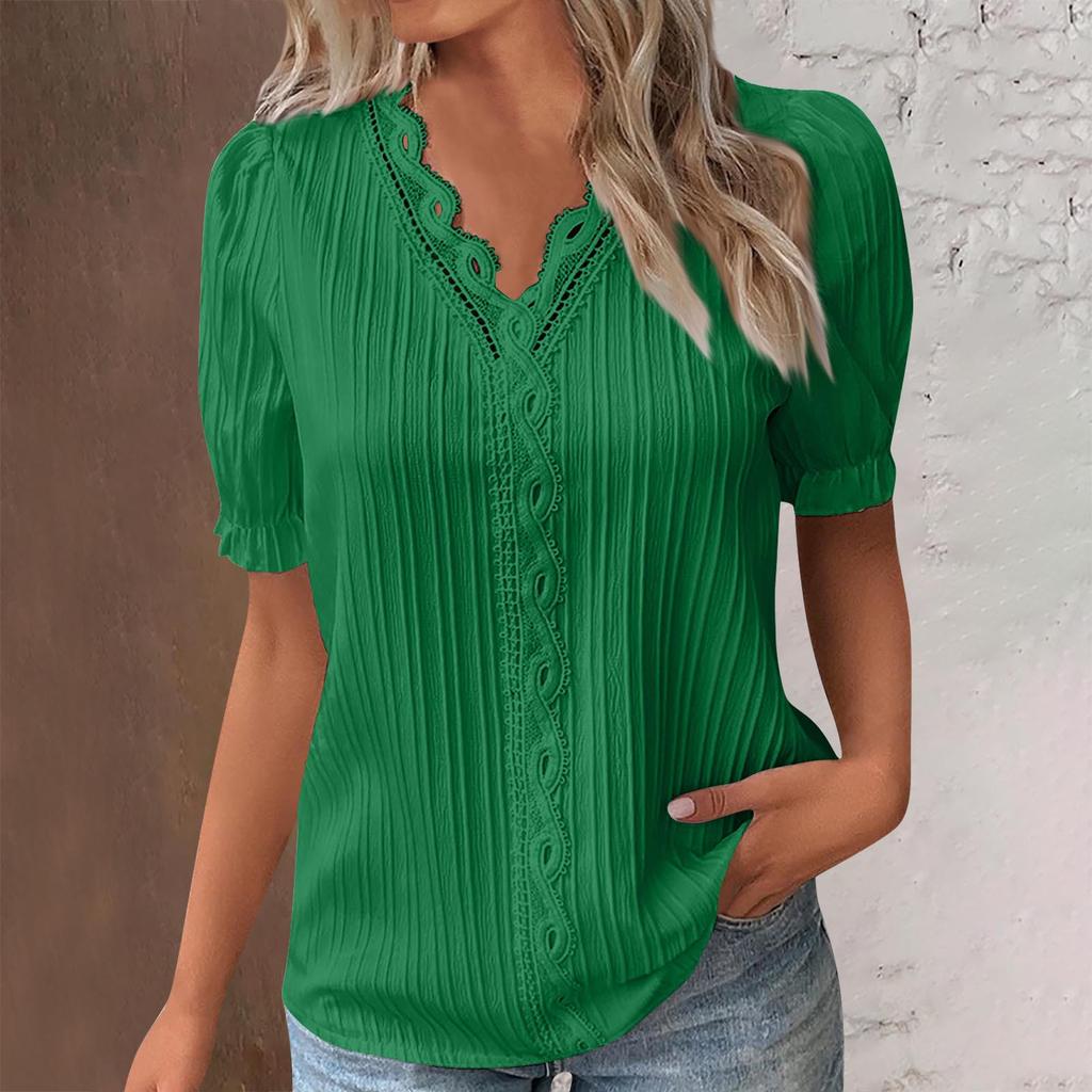Elegante Camicetta da Donna Camicia Scollo a V Patchwork di Pizzo Manica Corta Camicie per Donna Estate Top da Donna