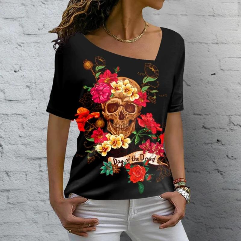 Vintage Skull Women's T Shirt 3D Printed Skew Collar Blouses Casual Short Sleeve Pullover Tops Summer Oversized Clothes Tees