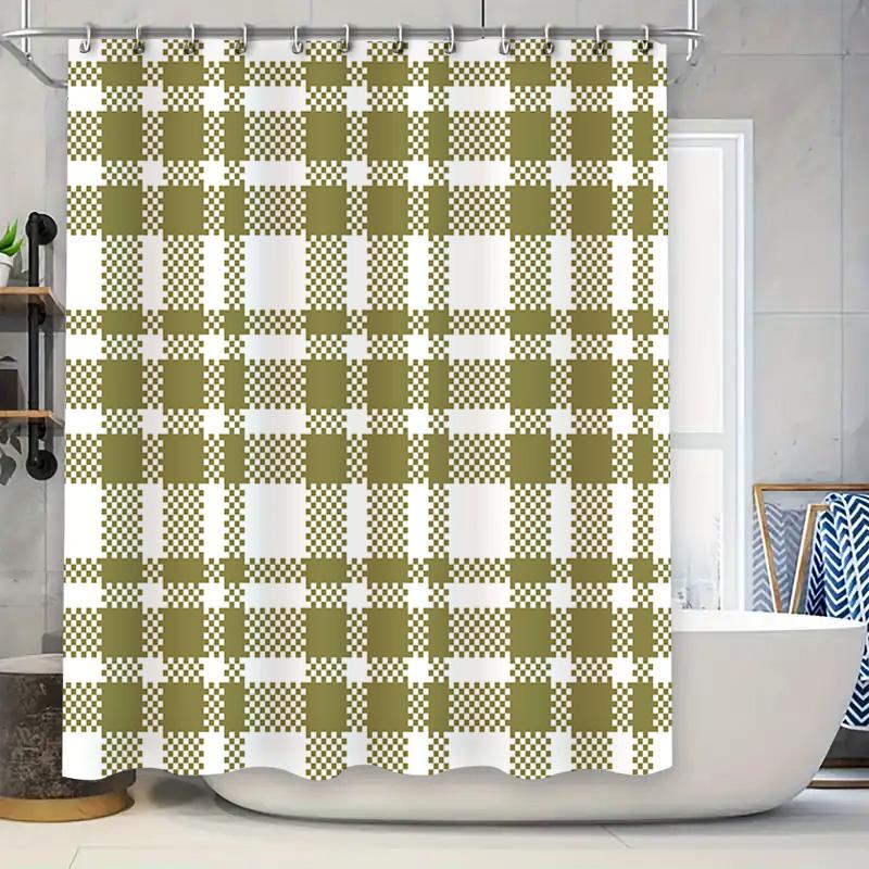 

Plaid Shower Curtain Set Bathroom Decor Green White Checkered Waterproof Washable Fabric Home Decoration Free Shipping W60H190(CM)-1 Pcs