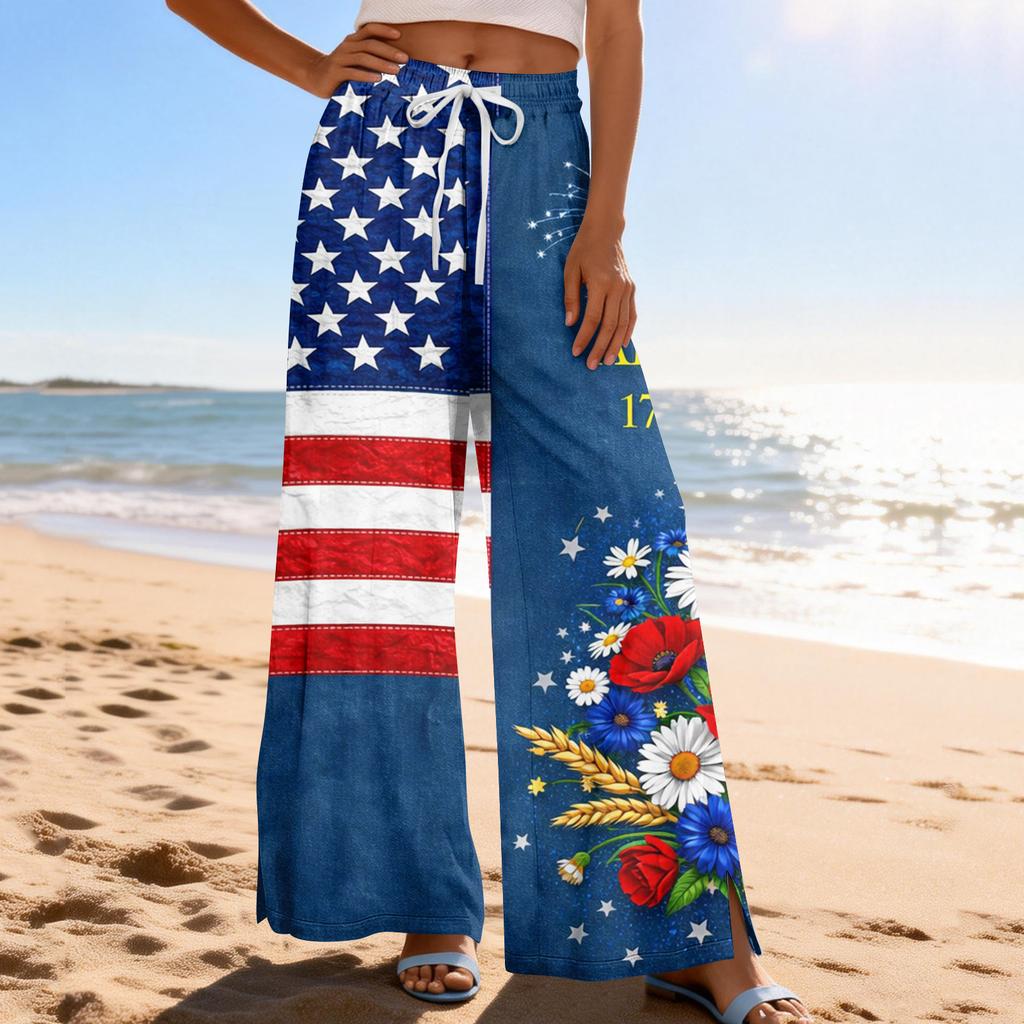 Dámské letní boho palazzo kalhoty s vysokým pasem a širokými nohavicemi, tisk, ležérní kalhoty s kapsami