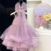 High end girls' dress summer 2026 beautiful children's suspender pink princess dress fluffy veil birthday dress
