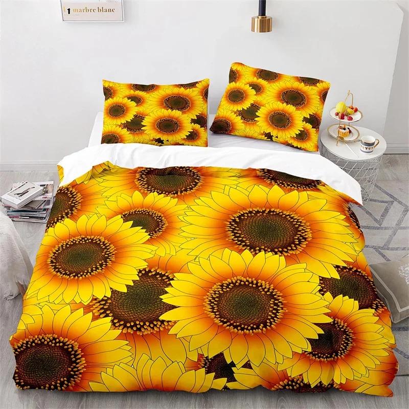 Sunflower Duvet Cover Botanical Floral Leaves Comforter Cover Twin King Size For Girl Women Microfiber Yellow Flower Bedding Set
