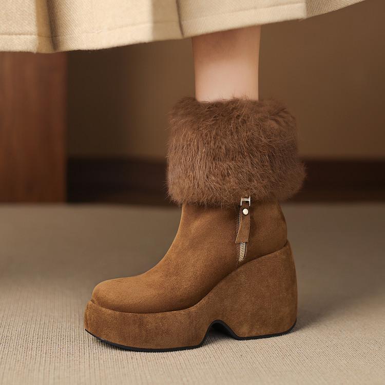 Rabbit fur cotton shoes autumn and winter new women's short boots 2025 fashion round head velvet warm waterproof table slope high heel