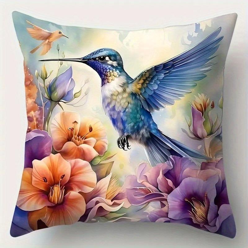 Vibrant Hummingbird & Floral Pillowcase: Colorful Tropical-Themed Cushion Cover For Home Sofa Decor