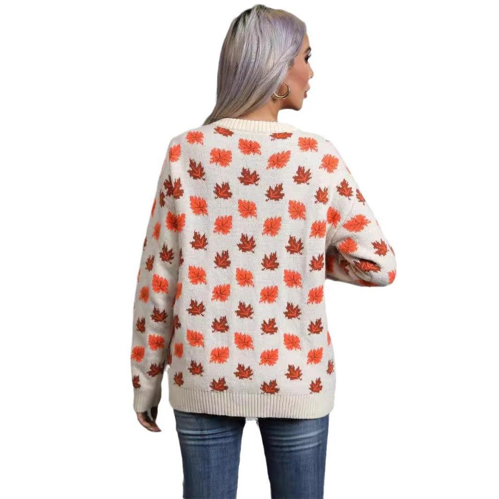 Winter Damen Ahornblatt Weihnachten Rundhals Pullover Strick Unterteil Pullover