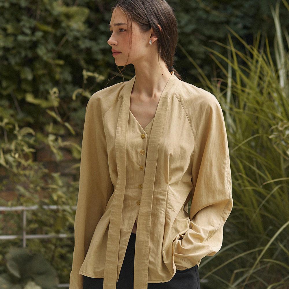 Adowl Ribbon Tie Pintuck Puff Blouse - Beige Beige/Free