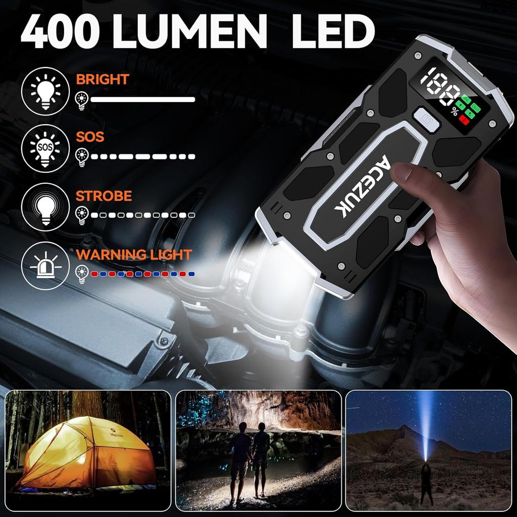 Battery Jump Starter 5000A, Portable Car Starter with Smart Cables, Large Display, Quick Charge, LED Light
