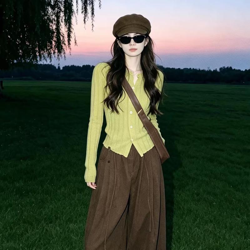 Zuose 2026 Autumn Avocado Green Knit Cardigan