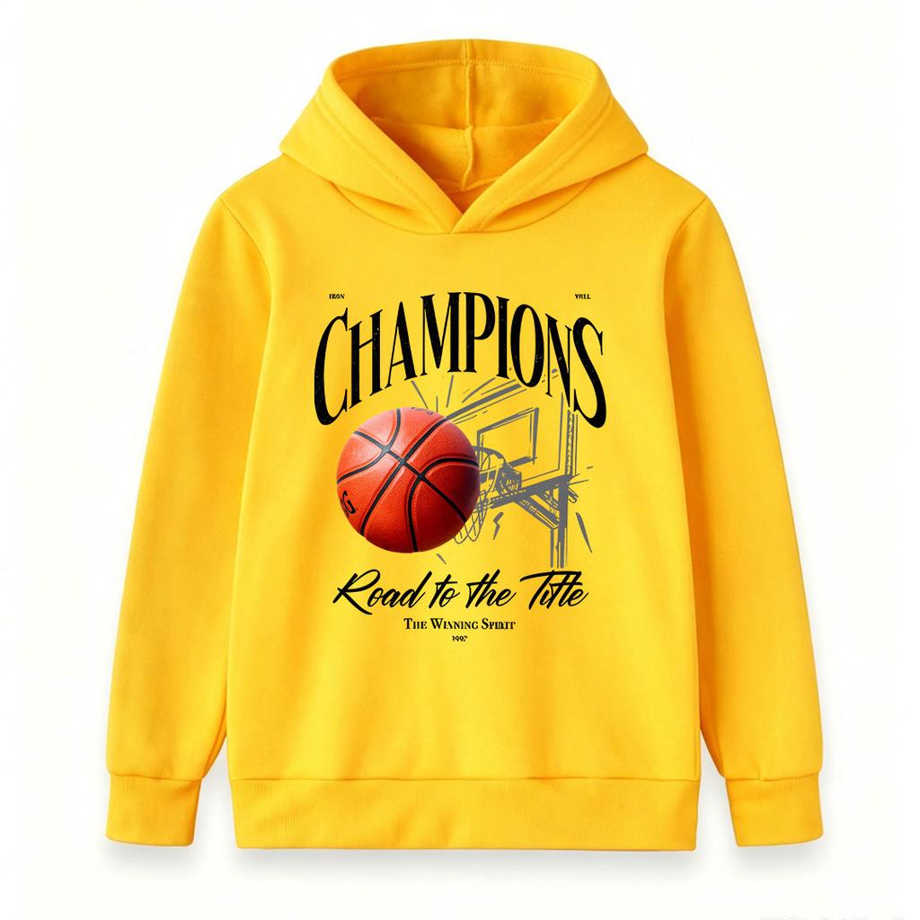 Kids Boys Girls Basketball Champions Print Pullover Hoodie Casual Long Sleeve Road To The Title Graphic Hooded Sweatshirt For Sports Daily Wear